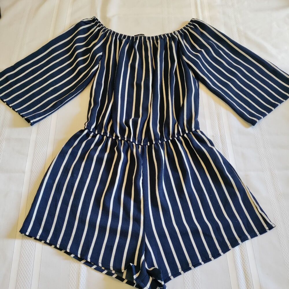Small Ambiance Off The Shoulder One PC Short Navy Blue/White Strip Jumper